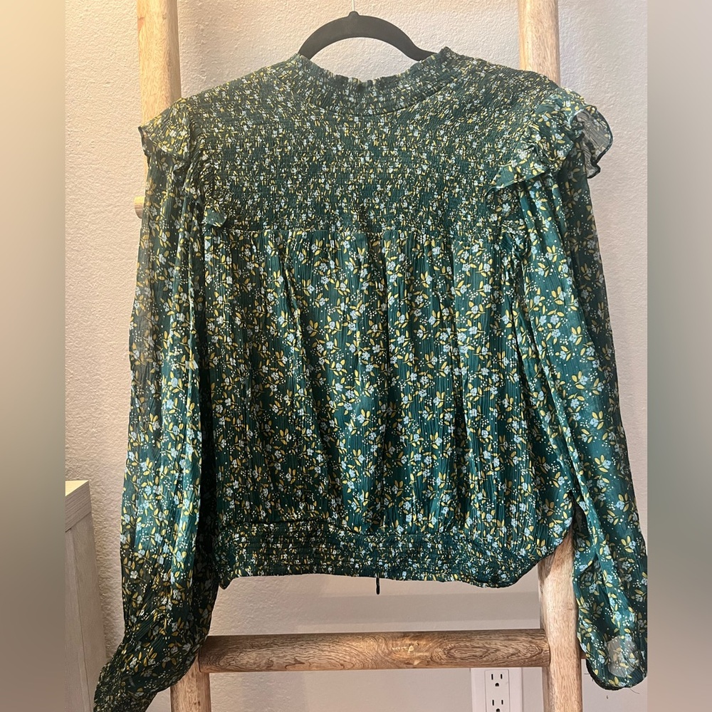 Free People Green Floral Back Tie Blouse Top